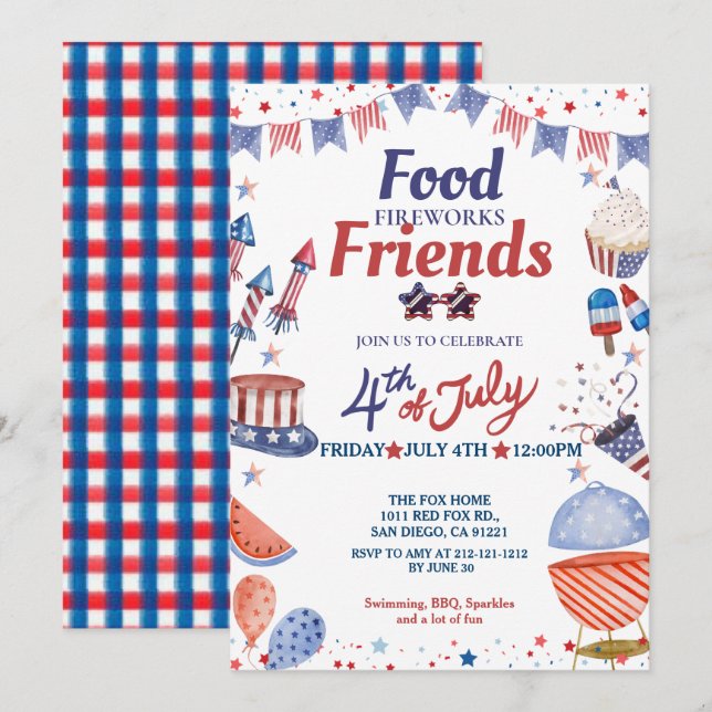 July Fourth Food Friend and Firework, Party Invitation (Front/Back)