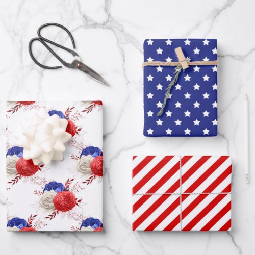 July Fourth Stars Stripes Floral Red White Blue Wrapping Paper Sheets