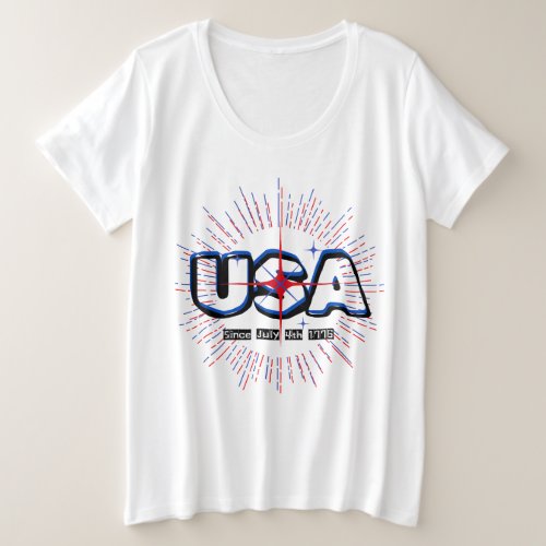 July Fourth USA Text N Rays Red Blue White Design  Plus Size T_Shirt