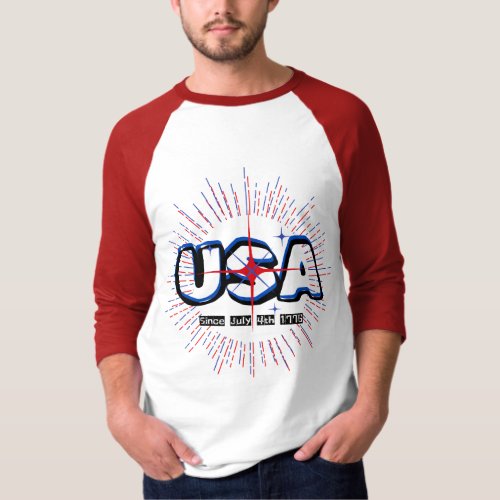 July Fourth USA Text N Rays Red Blue White Design T_Shirt