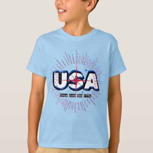 July Fourth USA Text N Rays Red Blue White Design  T_Shirt