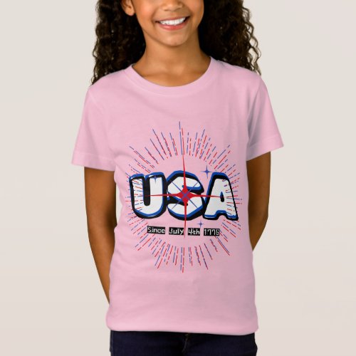 July Fourth USA Text N Rays Red Blue White Design  T_Shirt