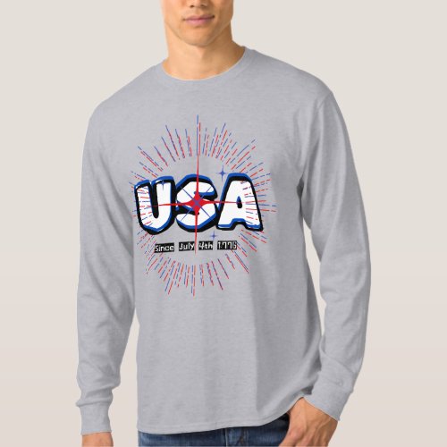 July Fourth USA Text N Rays Red Blue White Design  T_Shirt