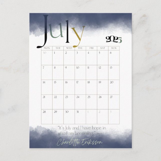 July Gray Modern Monthly Calendar 2025 Postcard (Front)