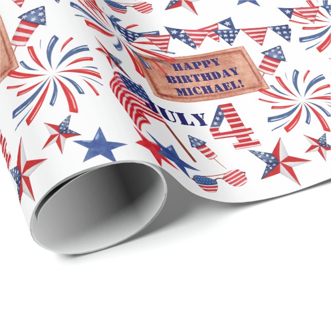 July Happy Birthday Add NAME Patriotic Gift Wrapping Paper (Roll Corner)