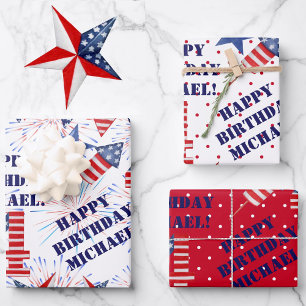 July Happy Birthday Personalize Name 3 Gift Wrapping Paper Sheets