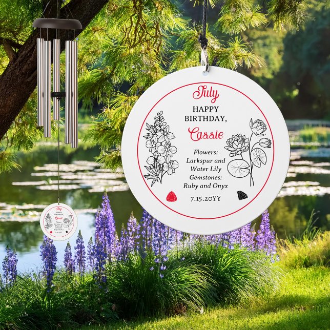 July Larkspur and Water Lily Birthday Keepsake Wind Chime (July Larkspur and Water Lily Floral and Ruby and Onyx Gemstone Birthday Keepsake Wind Chime)