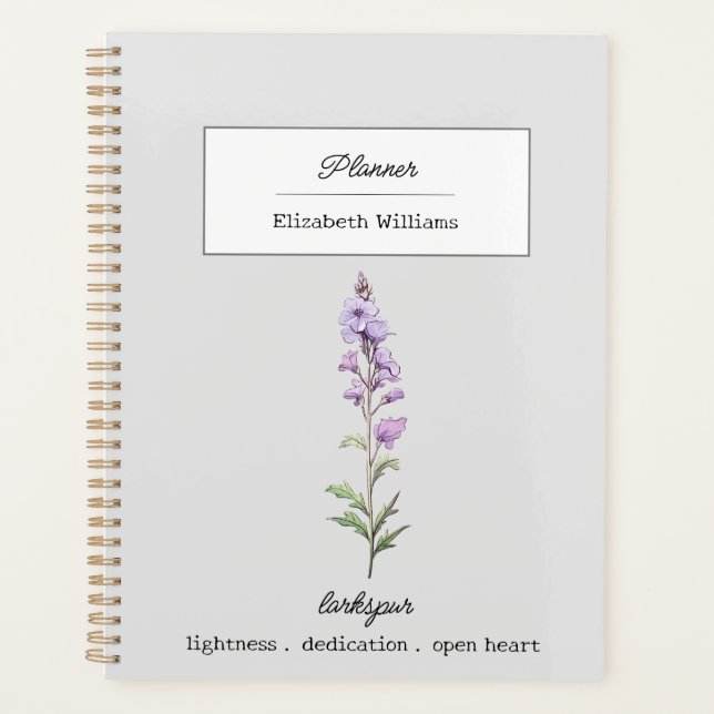 JULY LARKSPUR BIRTH FLOWER PERSONALIZED PLANNER (Front)