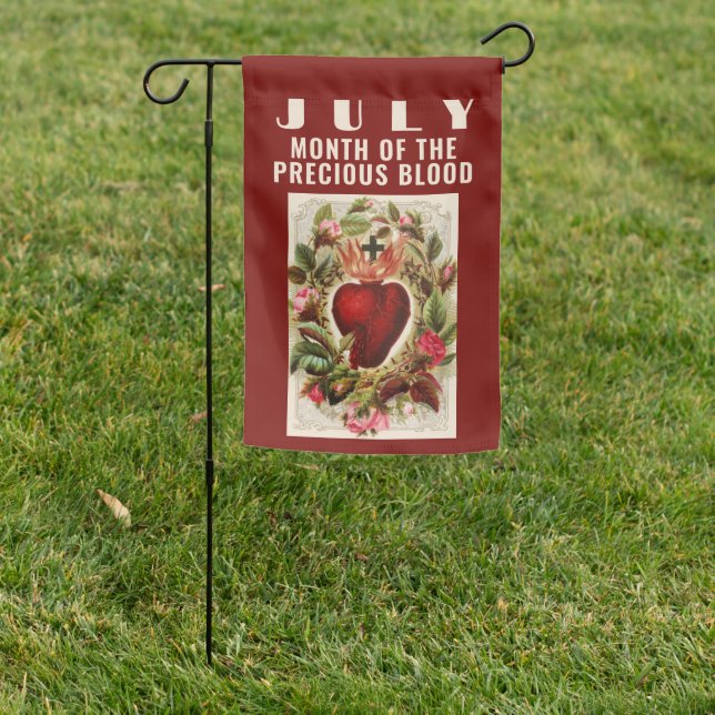 July Precious Blood of Jesus Religious Garden Flag (In SItu)