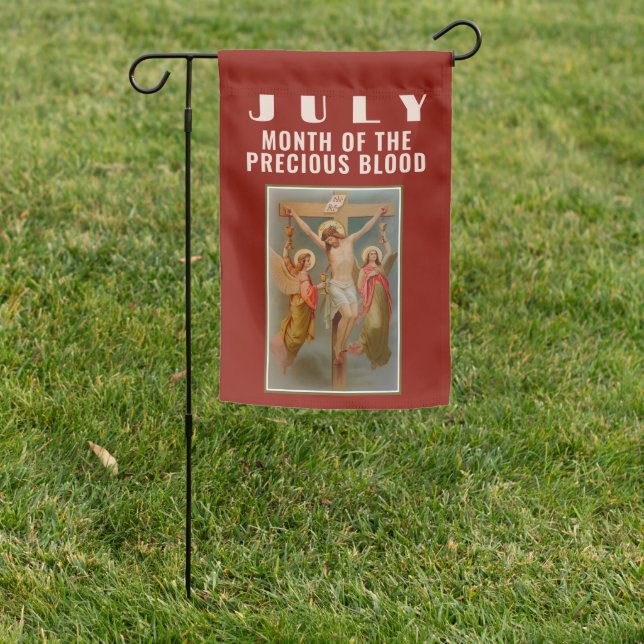 July Precious Blood of Jesus Religious Garden Flag (In SItu)