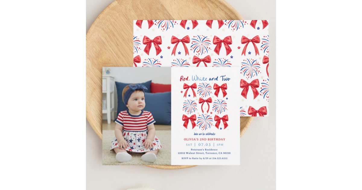 July Red White and Two Girl 2nd Birthday Photo Invitation | Zazzle