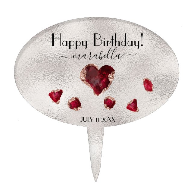 *~* JULY RUBY Birthstone Heart Rose Gold Cake Topper (Front)