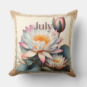 July Water Lily Birth Month Botanical Floral Throw Pillow