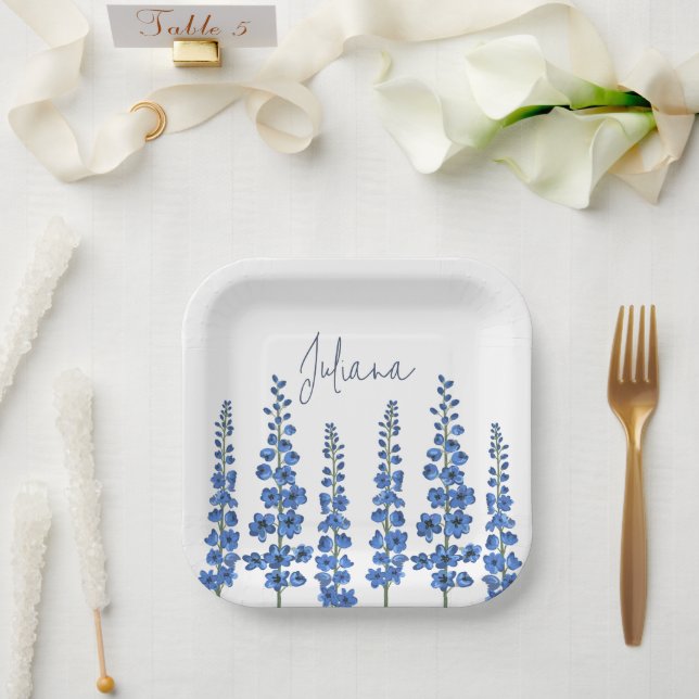 July's Blue Delphinium Flowers  Paper Plates (Wedding)