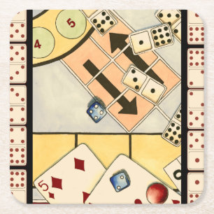 Jumbled Assortment of Games of Chance Square Paper Coaster