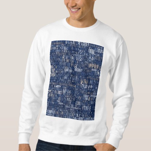 Jumbled illegible words navy blue colours sweatshirt