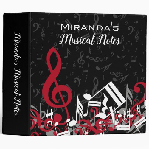 Jumbled Music Notes Red Gray and White on Black 3 Ring Binder