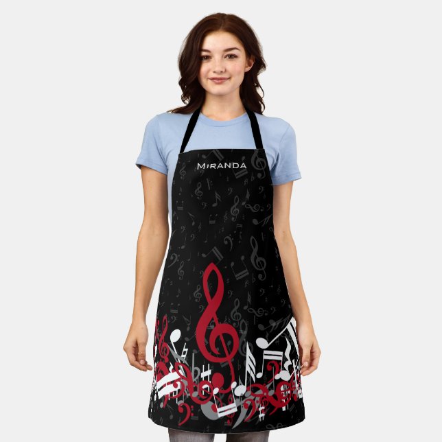 Jumbled Music Notes Red Gray and White on Black Apron (Worn)