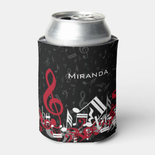 Jumbled Music Notes Red Gray and White on Black Can Cooler