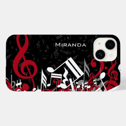 Jumbled Music Notes Red Gray and White on Black Case_Mate iPhone 14 Case