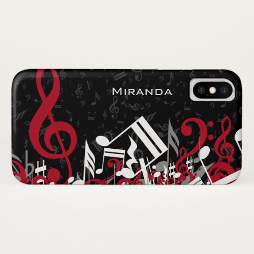 Jumbled Music Notes Red Gray and White on Black iPhone X Case
