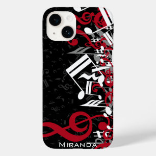 Jumbled Music Notes Red Gray and White on Black Case-Mate iPhone 14 Case