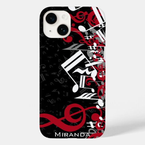 Jumbled Music Notes Red Gray and White on Black Case_Mate iPhone 14 Case