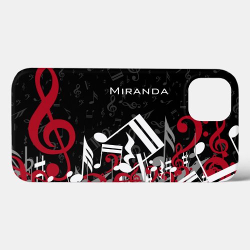 Jumbled Music Notes Red Gray and White on Black iPhone 13 Case