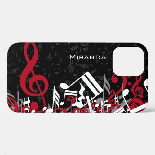 Jumbled Music Notes Red Gray and White on Black iPhone 12 Case