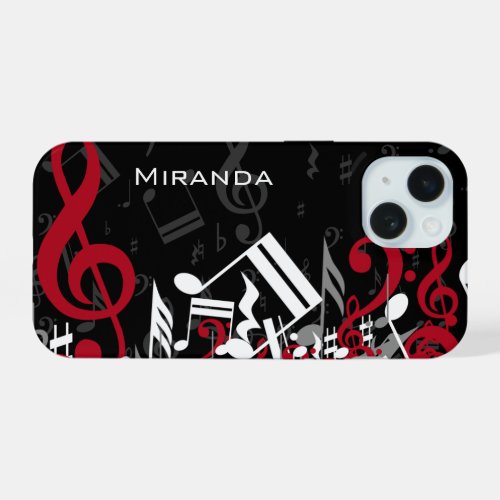 Jumbled Music Notes Red Gray and White on Black iPhone 15 Case