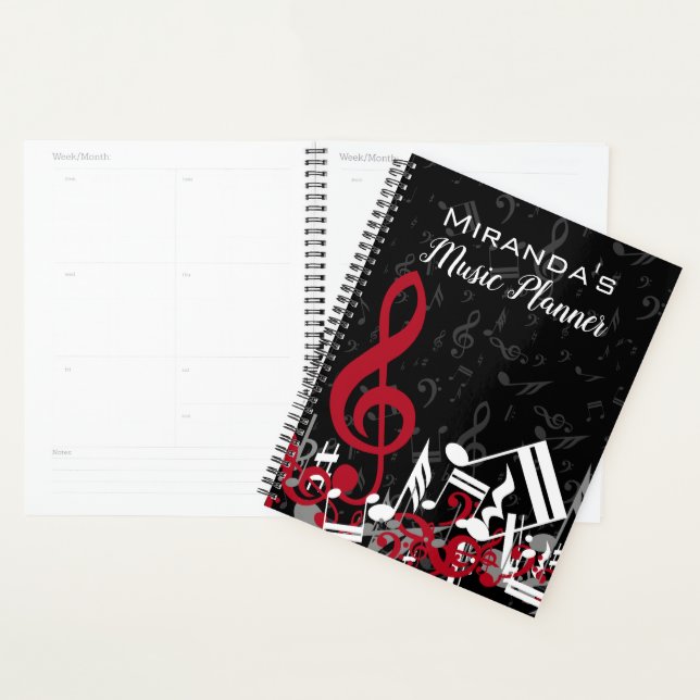 Jumbled Music Notes Red Gray and White on Black Planner (Display)