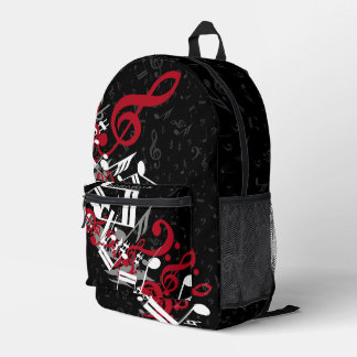 Jumbled Music Notes Red Gray and White on Black Printed Backpack