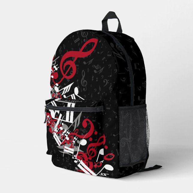 Jumbled Music Notes Red Gray and White on Black Printed Backpack (Back Corner Right)