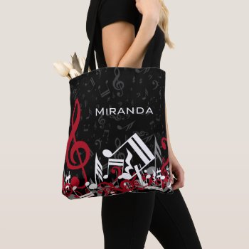 Jumbled Music Notes Red Gray And White On Black Tote Bag by giftsbonanza at Zazzle