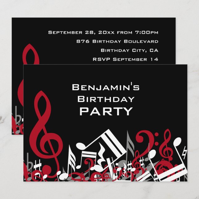 Jumbled Music Notes Red Gray White Birthday Party Invitation (Front/Back)