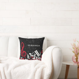 Jumbled Music Notes Red White Gray on Black Throw Pillow