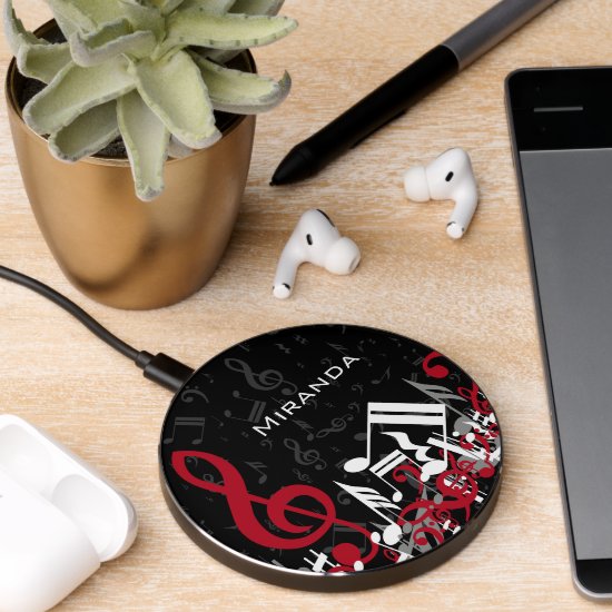 Jumbled Music Notes Red White Gray on Black Wireless Charger