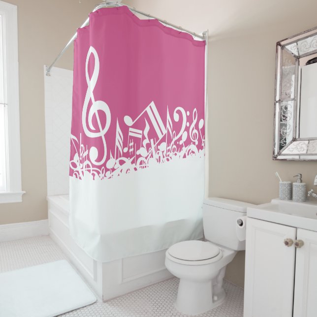 Jumbled Musical Notes Hot Pink and White Shower Curtain (In Situ)