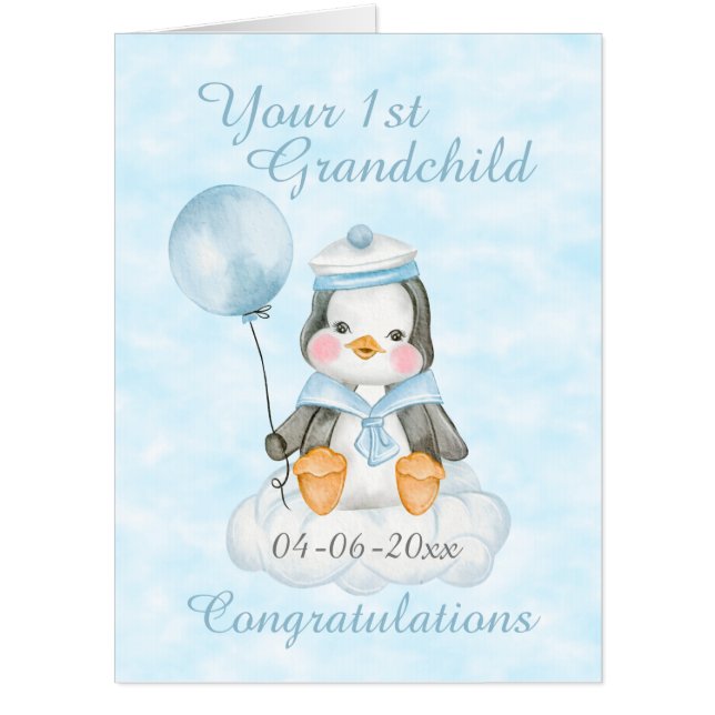 Jumbo 1st Grandchild Penguin Blue Card (Front)