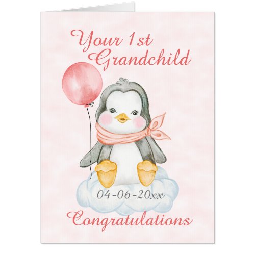 Jumbo 1st Grandchild Penguin Pink Card