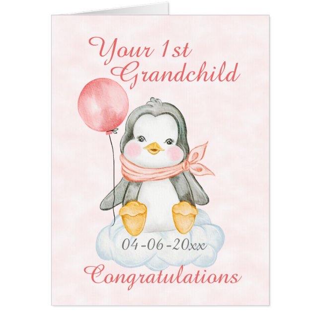 Jumbo 1st Grandchild Penguin Pink Card (Front)