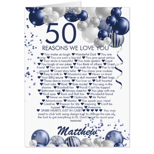Jumbo 50th Birthday 50 Reasons We Love You Card
