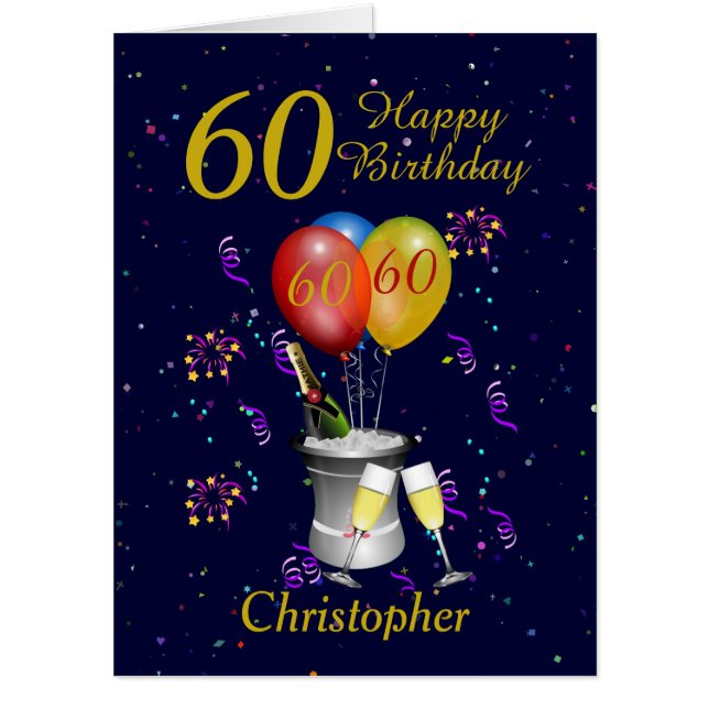 Jumbo 60th Birthday Navy Blue Gold Sparkling Wine  Card (Front)