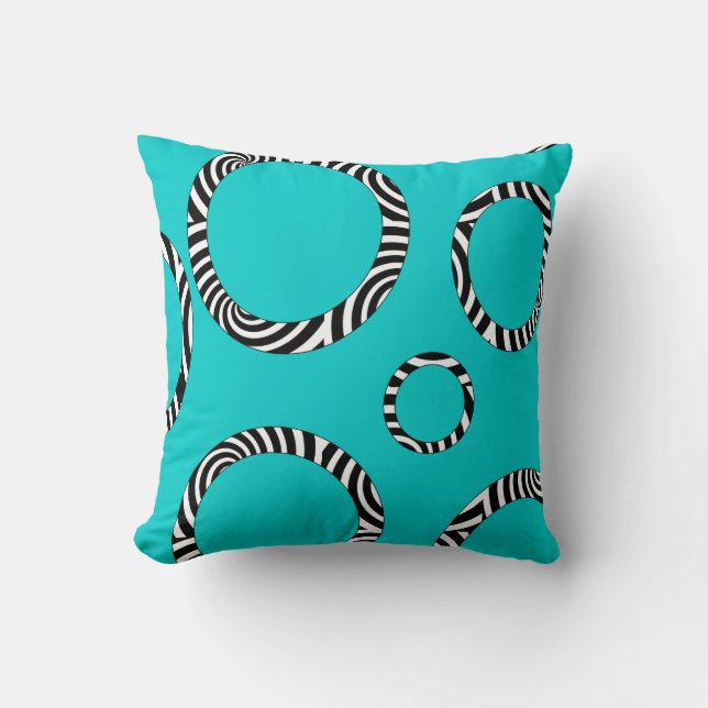 Jumbo Aqua, Black, White Striped Circles Pillow (Front)