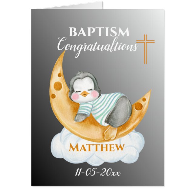 Jumbo Baptism Congratulations Baby Penguin Moon  Card (Front)