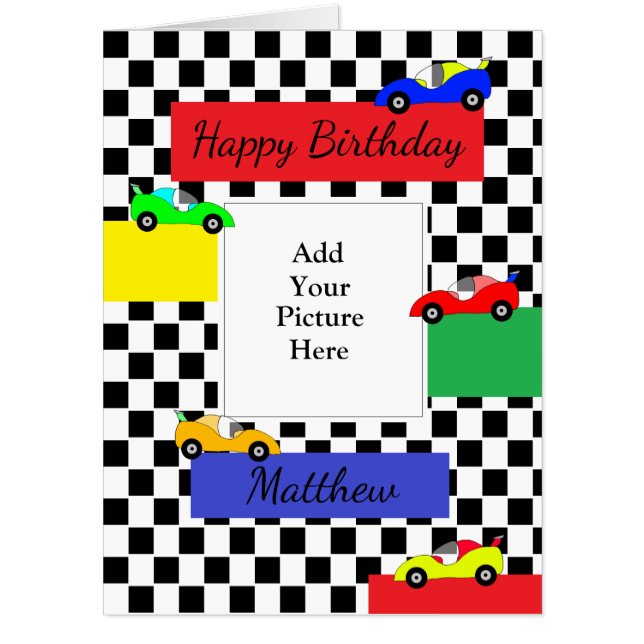 Jumbo Boy's Race Car & Maze  Birthday Add Photo Card (Front)
