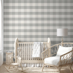 Jumbo Buffalo Check Plaid Soft Gray Off White Wallpaper
