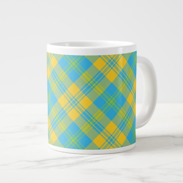Jumbo Coffee Mug: Blue, Yellow, Green Plaid Large Coffee Mug (Front Right)