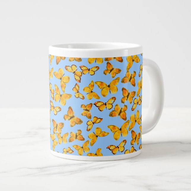 Jumbo Coffee Mug, Golden Butterflies on Sky Blue Giant Coffee Mug (Front Right)