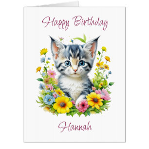Jumbo Cute Personalized Kitten in Flowers Birthday Card